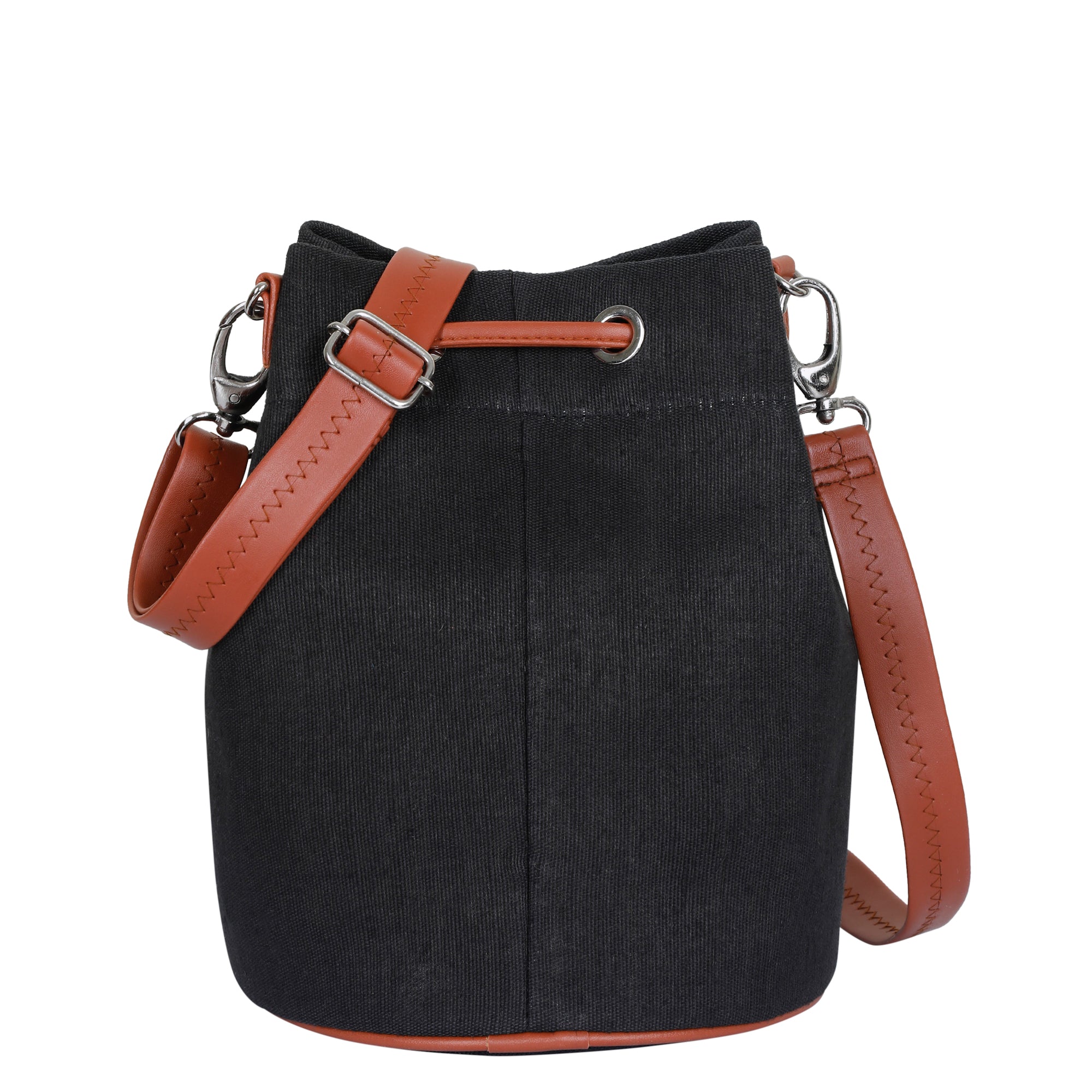 Ladies Handcrafted Fabric Black Bucket Sling Bag Jucobee Crossbody with PU Leather Trim and Drawstring Closure, Ideal for Daily Use, Travel & Gifting