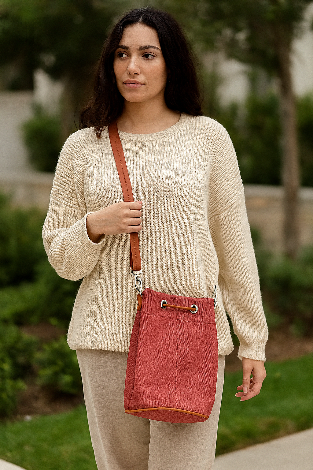 Handcrafted Pink Fabric Bucket Sling Bag for Women with PU Leather Trim –Jucobee Crossbody with Drawstring- Daily Use, Travel & Gifting