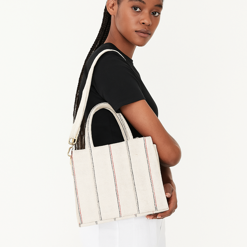 Women’s Canvas Top Handle Handbag – Handcrafted Fabric Beige Striped Tote Bag with Zipper, Ideal Crossbody Bag for Work or Travel