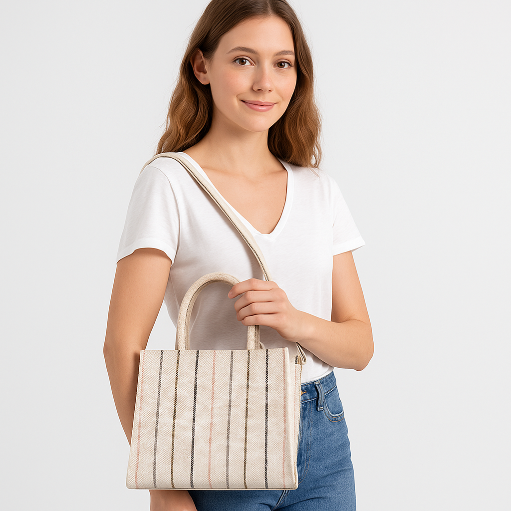 Ladies Hand Crafted Canvas Top Handle Handbag – Neutral Stripes Fabric Crossbody Sling Tote Shoulder Bag with Zipper for Daily, Work & Travel Use