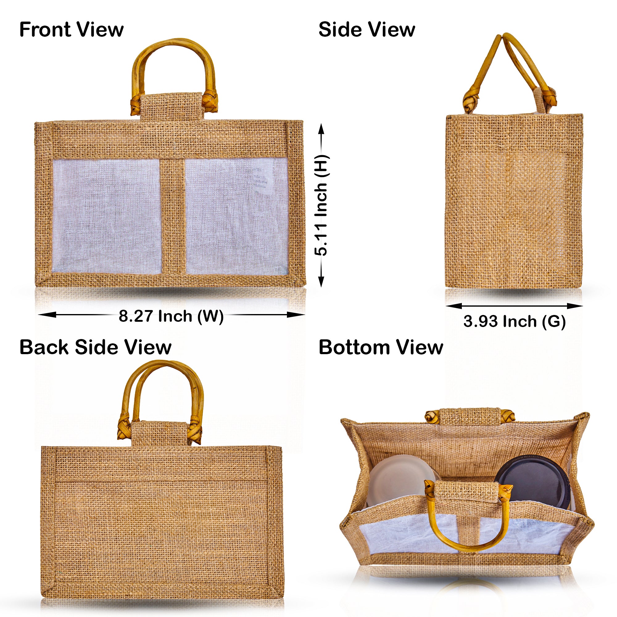 Jute Gift Bags with Cane Handles & Organza Panels – Burlap Pouches for Weddings, Bridesmaid Gifts, Parties (12 Pcs)