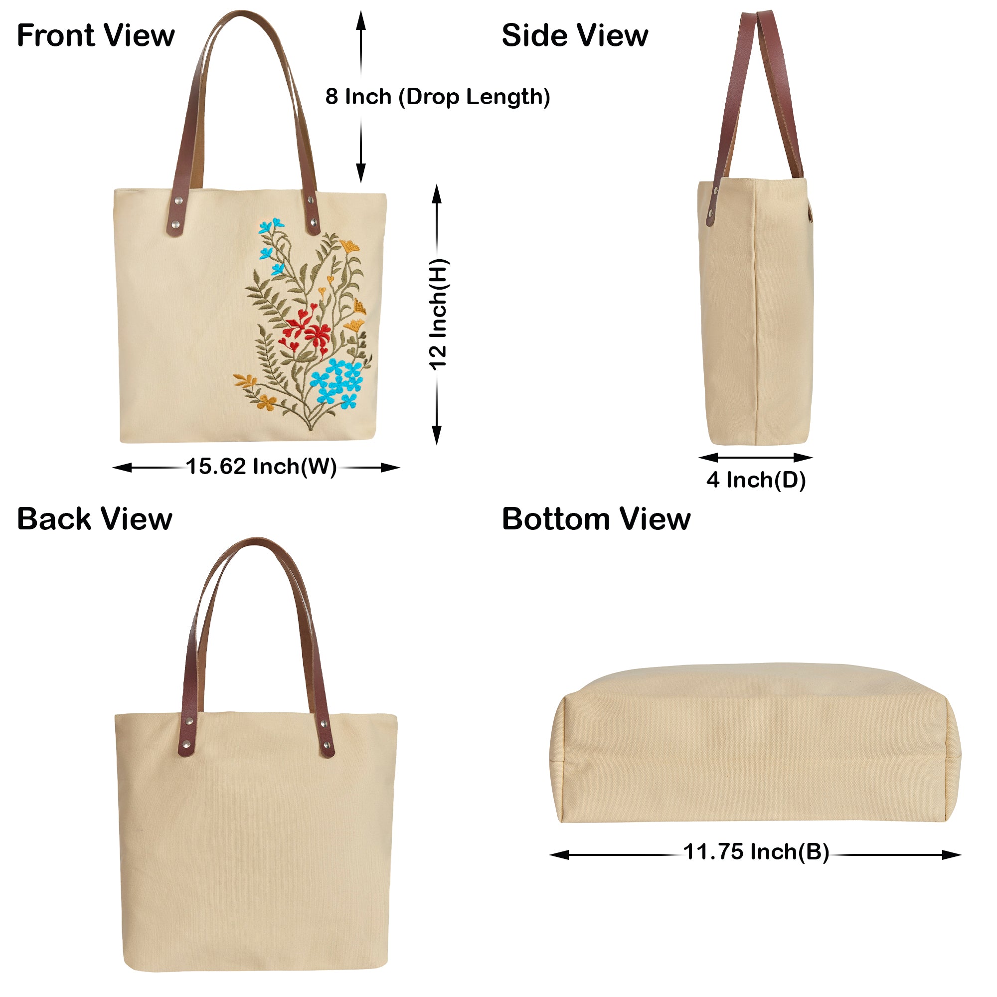 Women's Canvas Tote Bag Floral Embroidery with Leather Straps Travel, Gifting, New Year, Christmas, Special Occasion