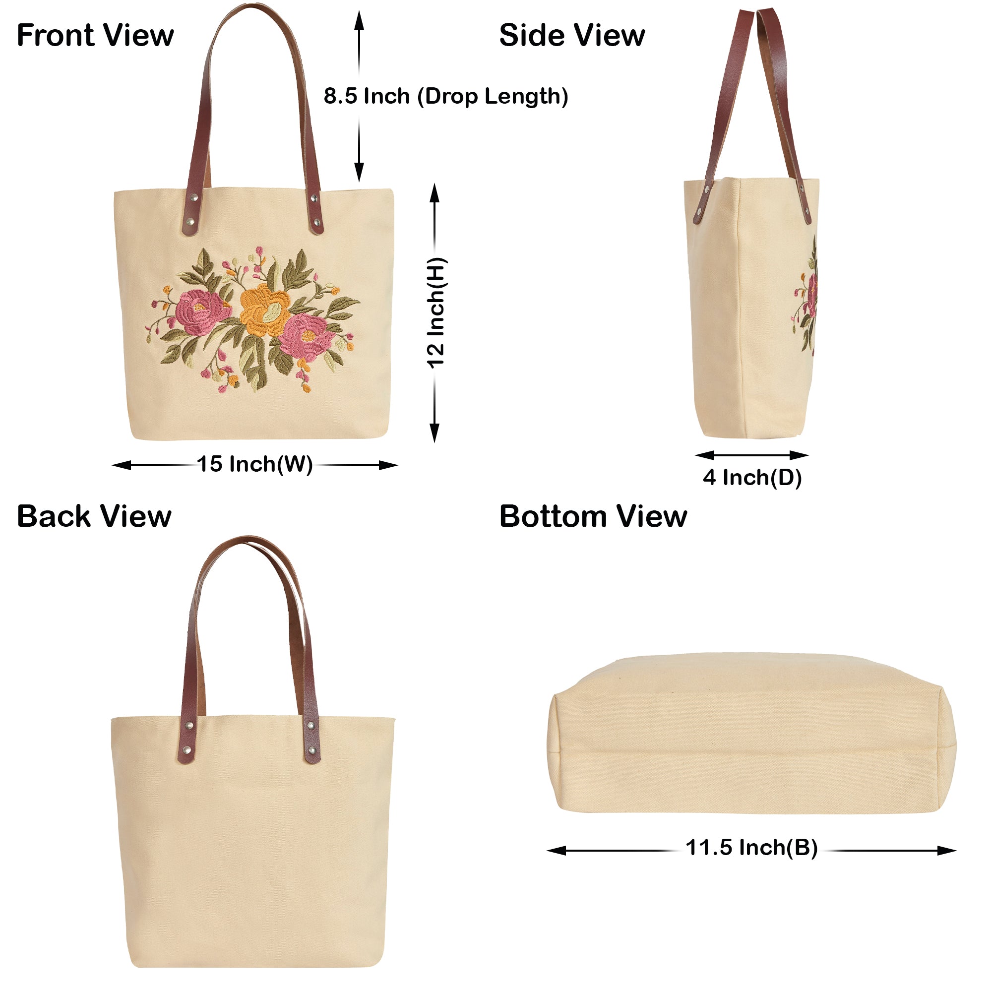 Eco-Friendly Cotton Canvas Tote Bag with Floral Embroidery Travel, Gifting, New Year, Christmas, Special Occasion