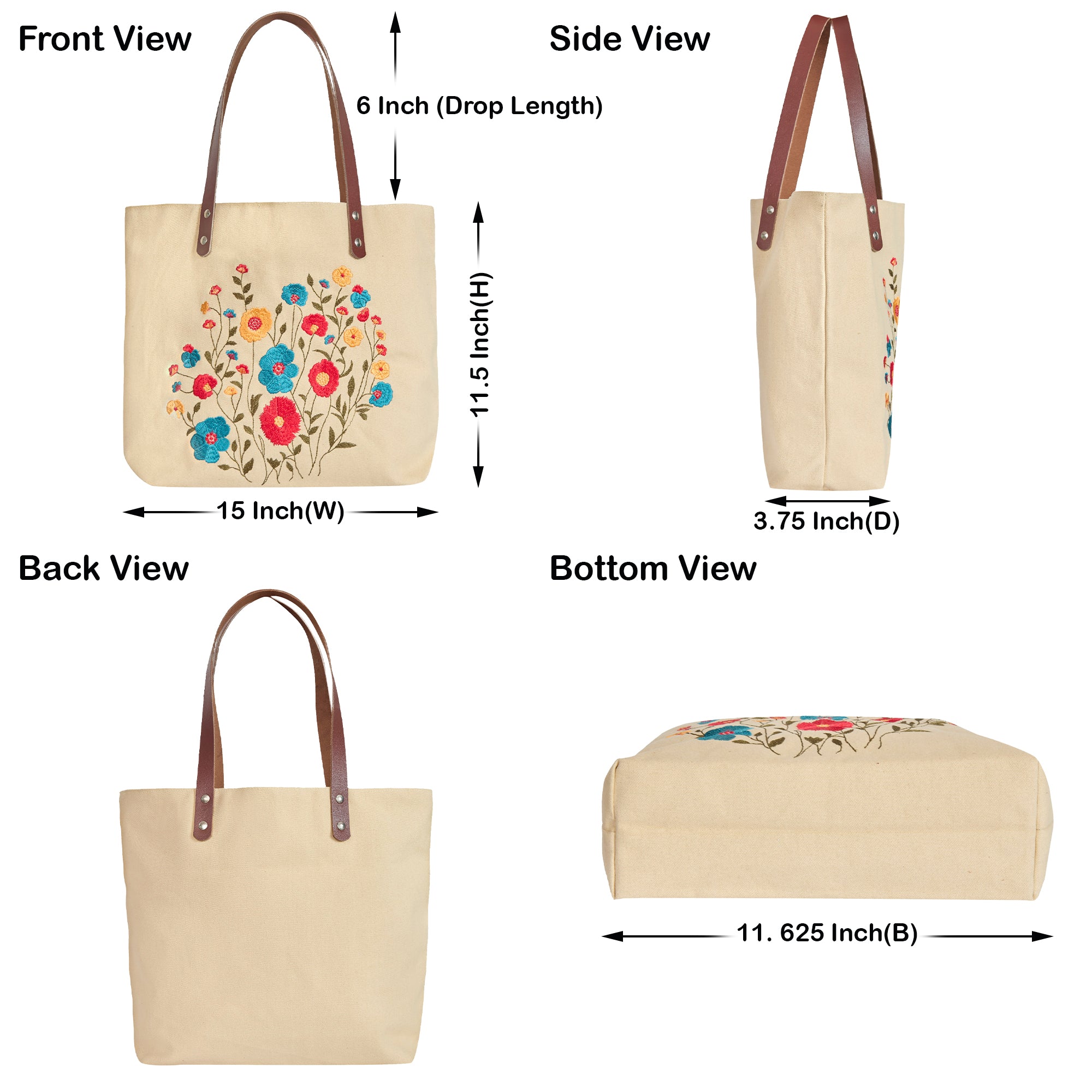 Multi-Purpose Cotton Canvas Shoulder Tote Bag with Floral Embroidery, Travel, Gifting, New Year, Christmas, Many More