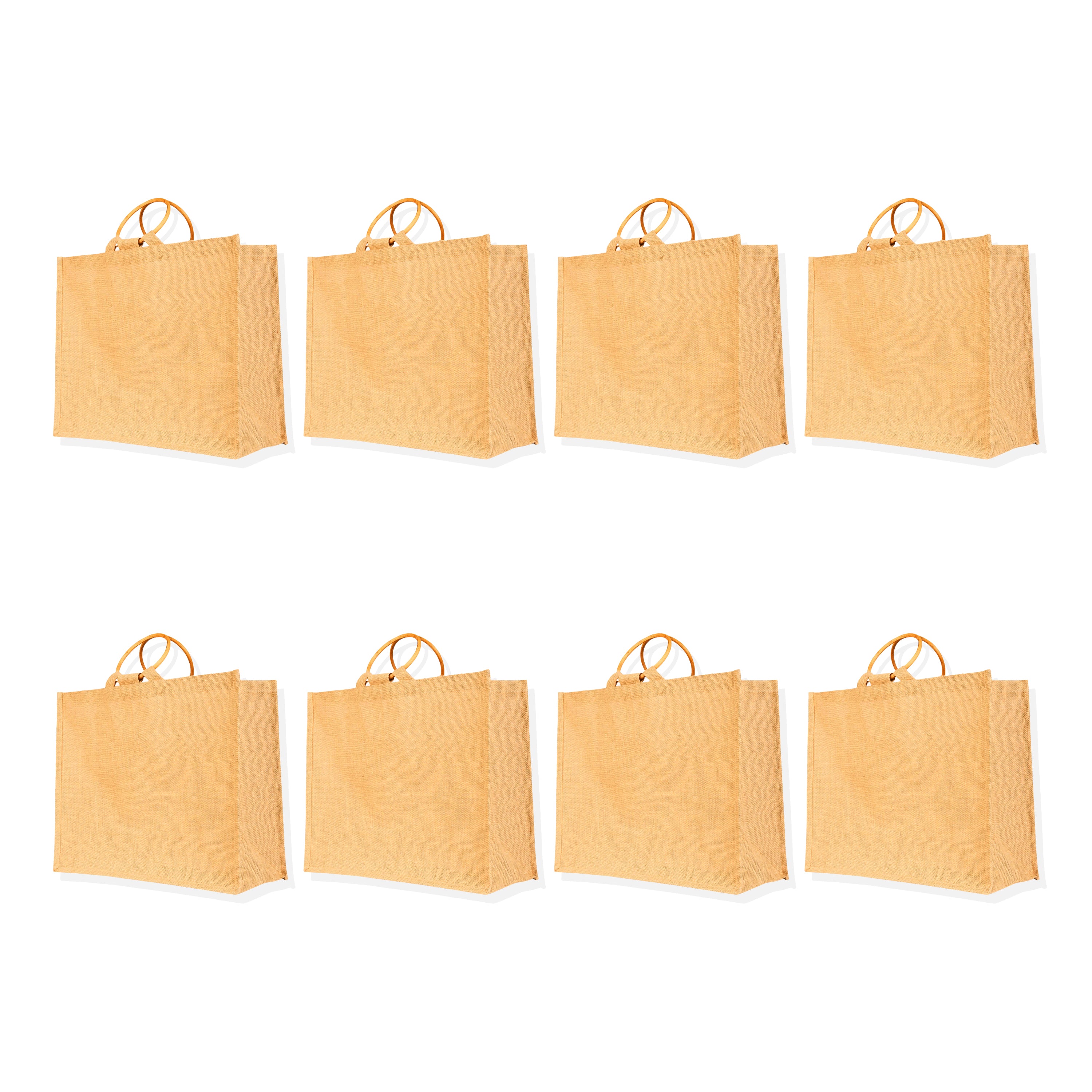 Reusable Jute Tote Bags with Cane Handles – Durable Totes for Shopping, Groceries (Set of 8)