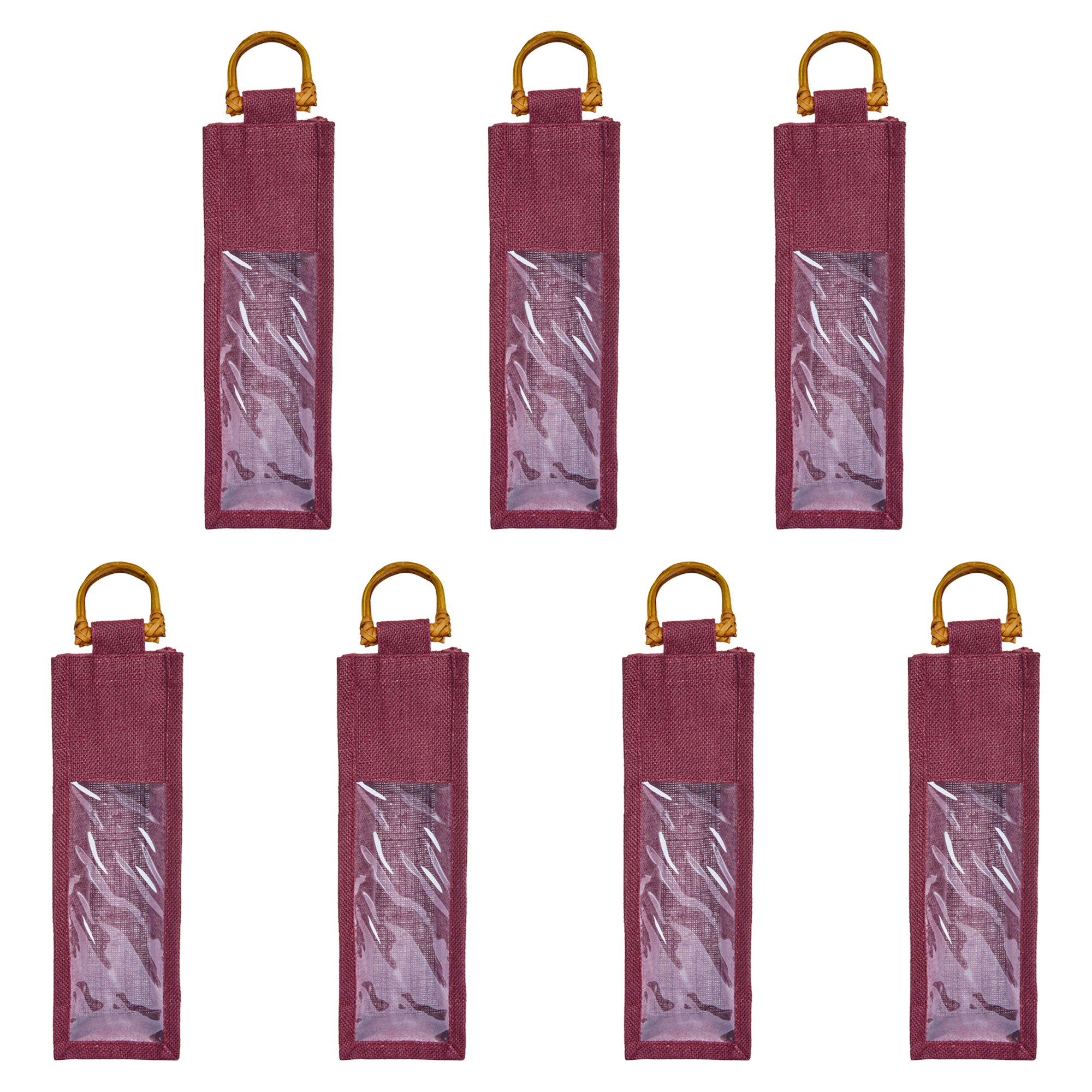 Coloured Jute Wine Gift Bags with PVC Window– Reusable Single Bottle Carriers for Weddings, Parties & Holiday Gifting (Packs of 7)
