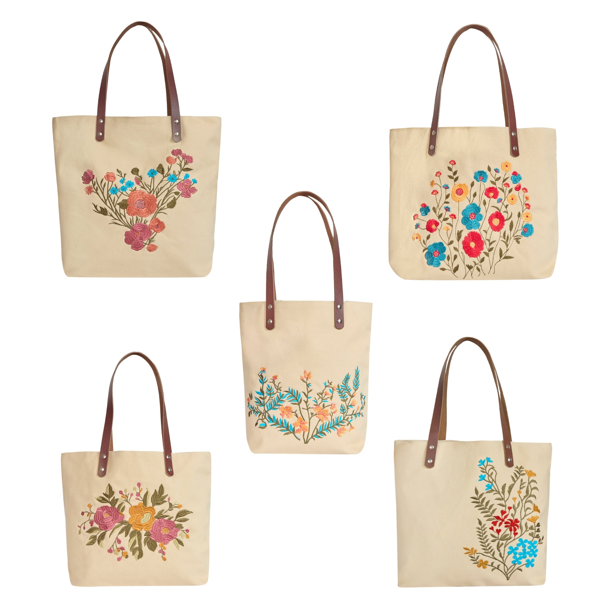 Jucobee Floral Embroidered Canvas Tote for Women with Cotton Lining & Leather Handle—Travel, Beach & Daily Use, Shoulder Bag- Pack of 5