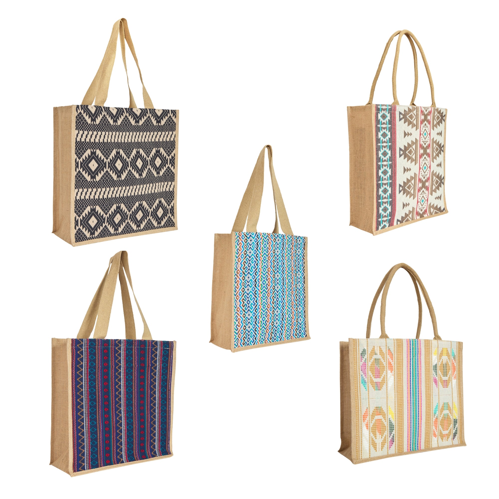 Jucobee Premium Natural Reusable Jute Shopping Tote Bag with Stylish Jacquard Fabric. Groceries, Vegetables, Kitchen Essentials & Beach Trips -Pack of 5