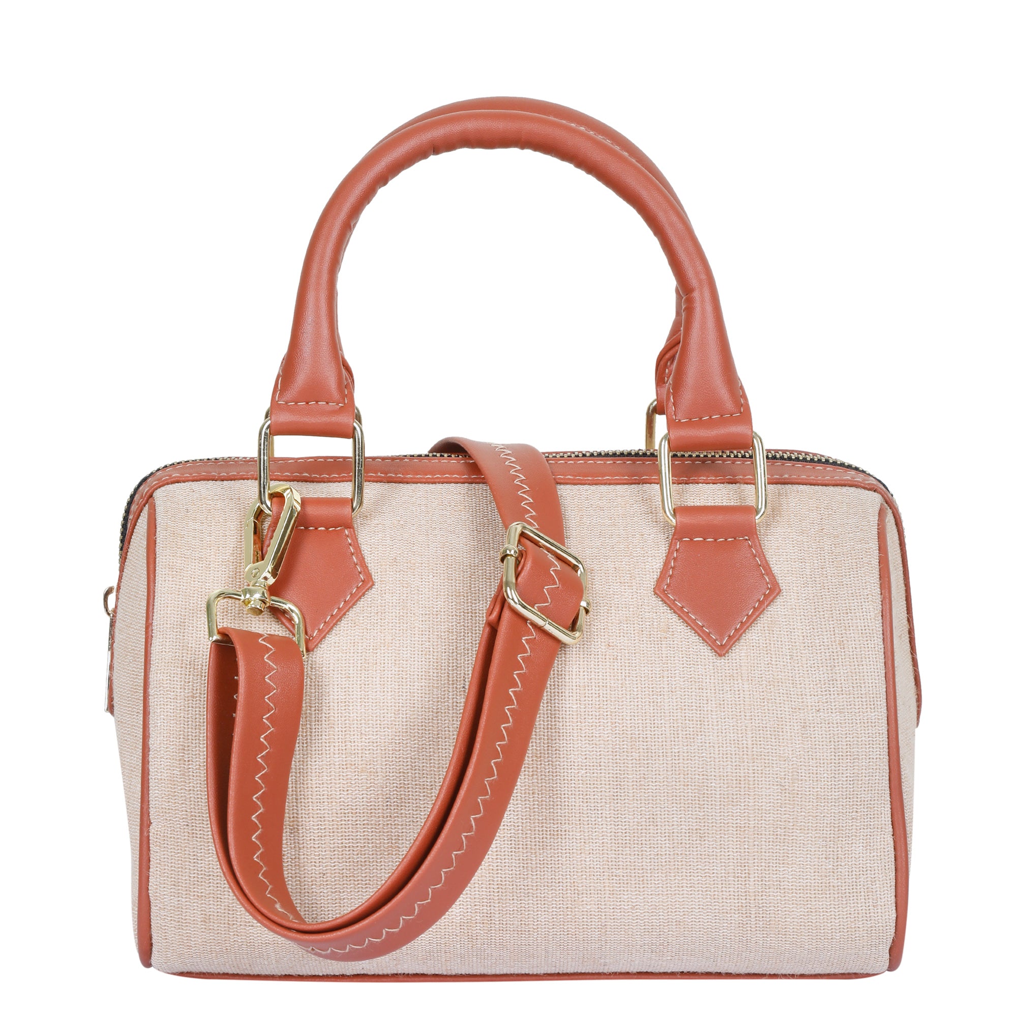 Women’s Beige Colour Hand Crafted Fabric Handbag – Jucobee Top Handle Crossbody Bag with Vegan Leather Trim, Adjustable Strap Sling & Shoulder Bag