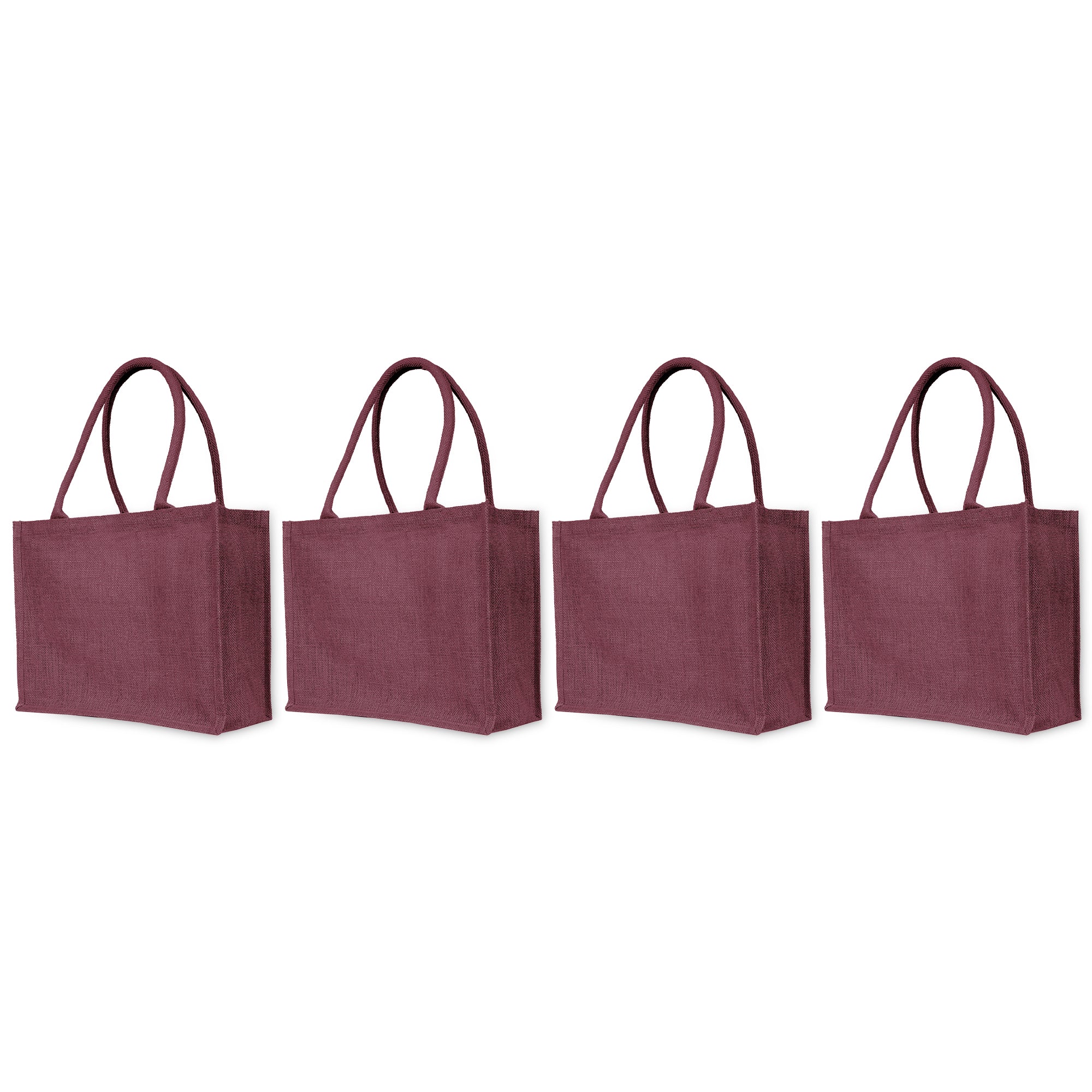 Jute Tote Bags – Shopping, Gifting, Weddings, Travel, Promotional–Deep Red, Pink, Green, Orange (Set of 4)