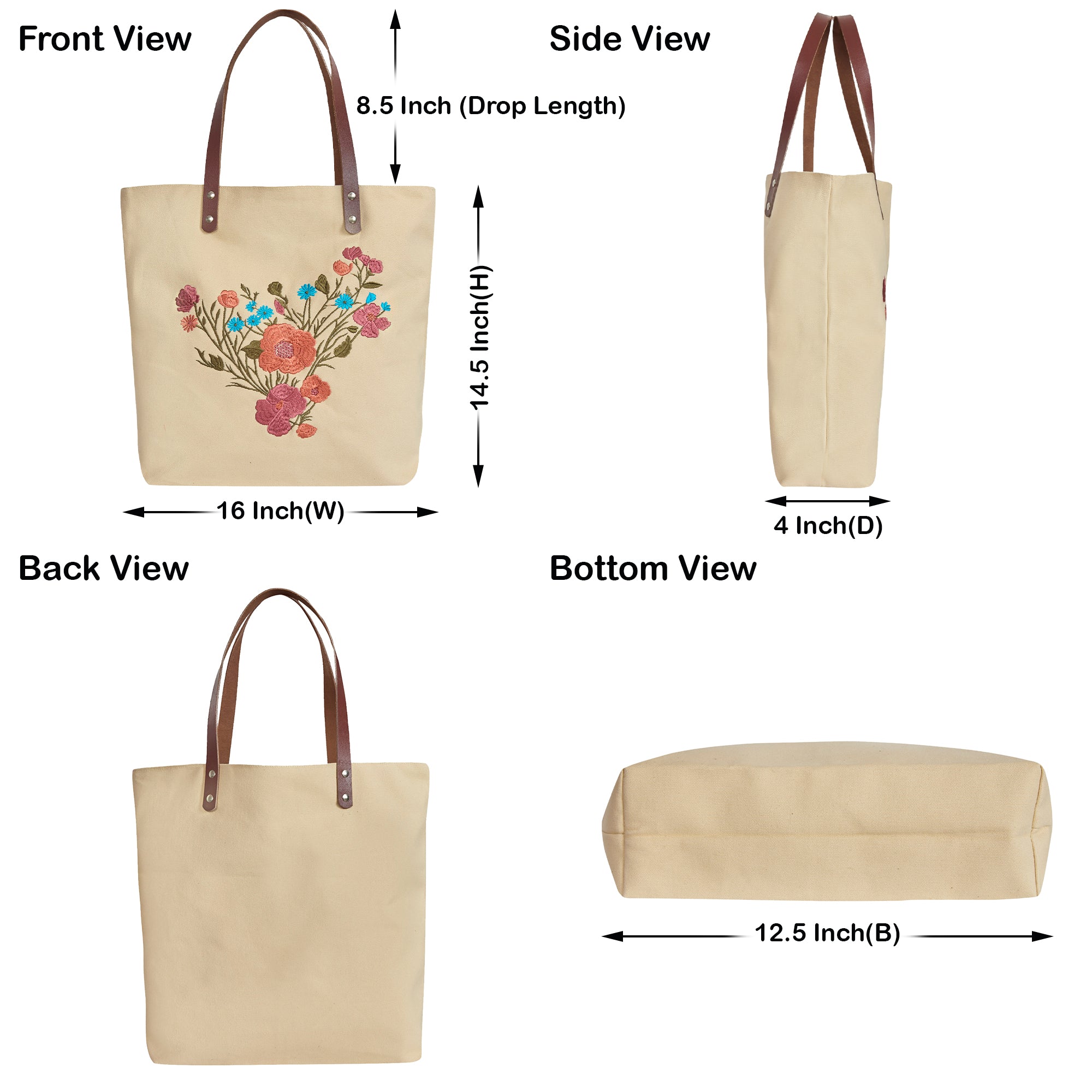 Elegant Canvas Tote Bag with Colorful Floral Embroidery Travel, Gifting, New Year, Christmas, Special Occasion