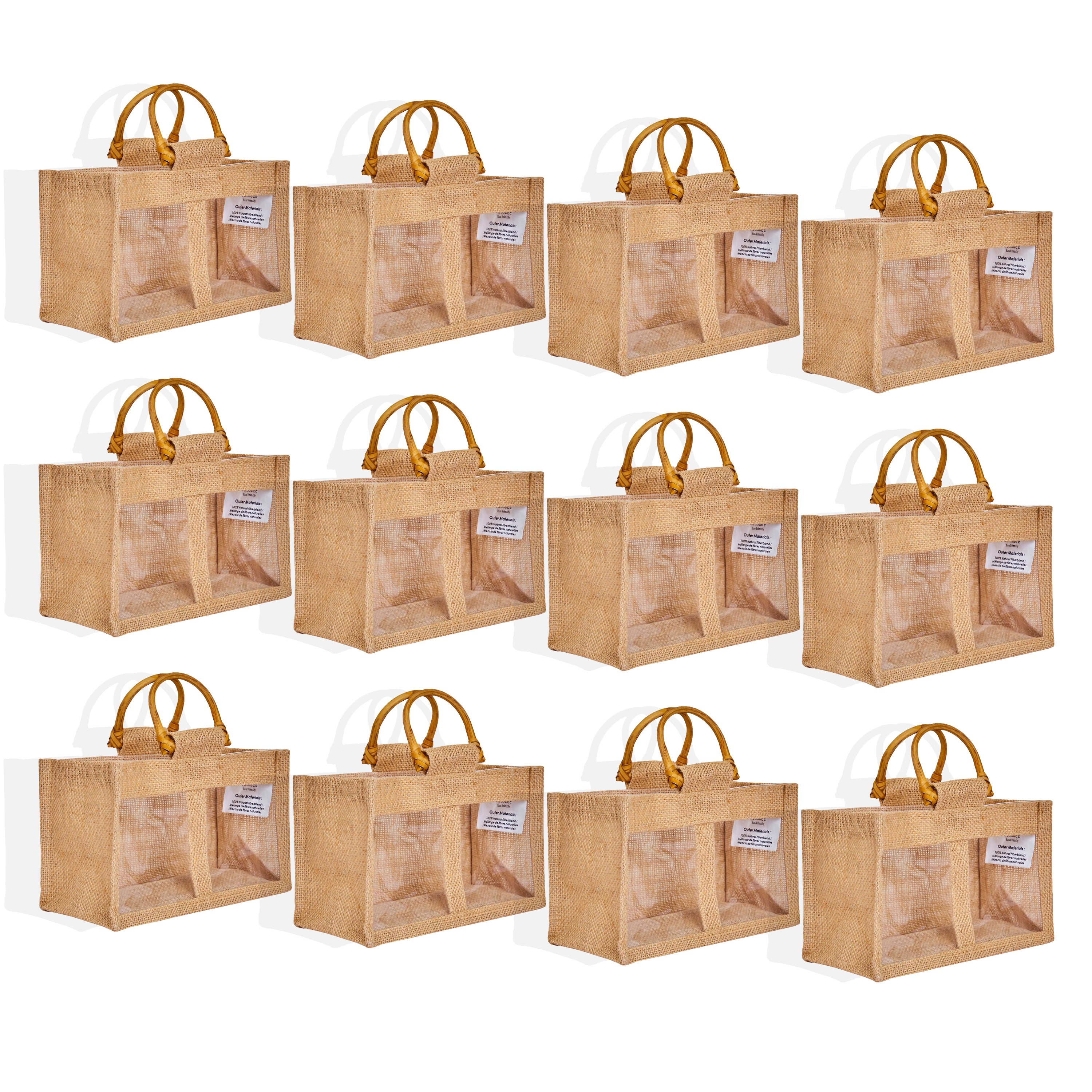 Jute Gift Bags with Cane Handles & Dual PVC Windows – Reusable Burlap ...