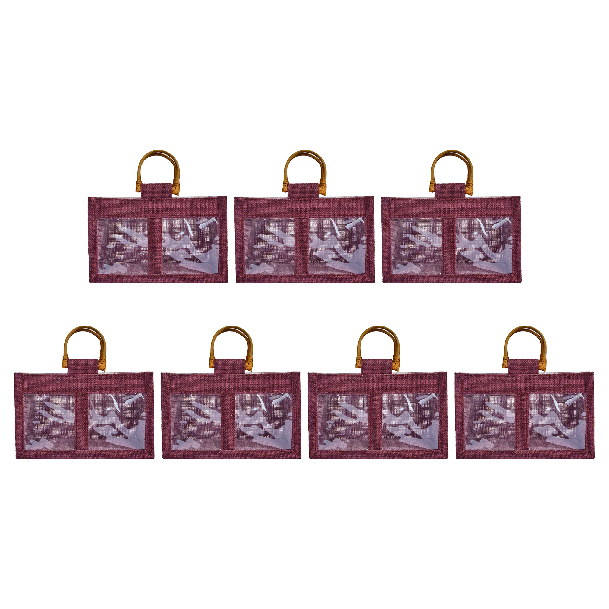 Coloured Jute Gift Bags with Cane Handles – Burlap Pouches for Weddings, Bridesmaid Gifts, Parties (7 Pcs)