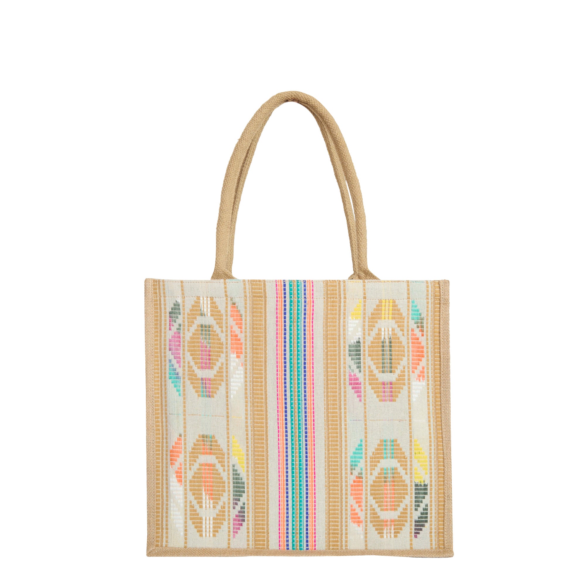Natural Reusable Jute Shopping Tote Bag with Jacquard Fabric. Gifting, New Year, Travel, Holidays, and Beach Trips