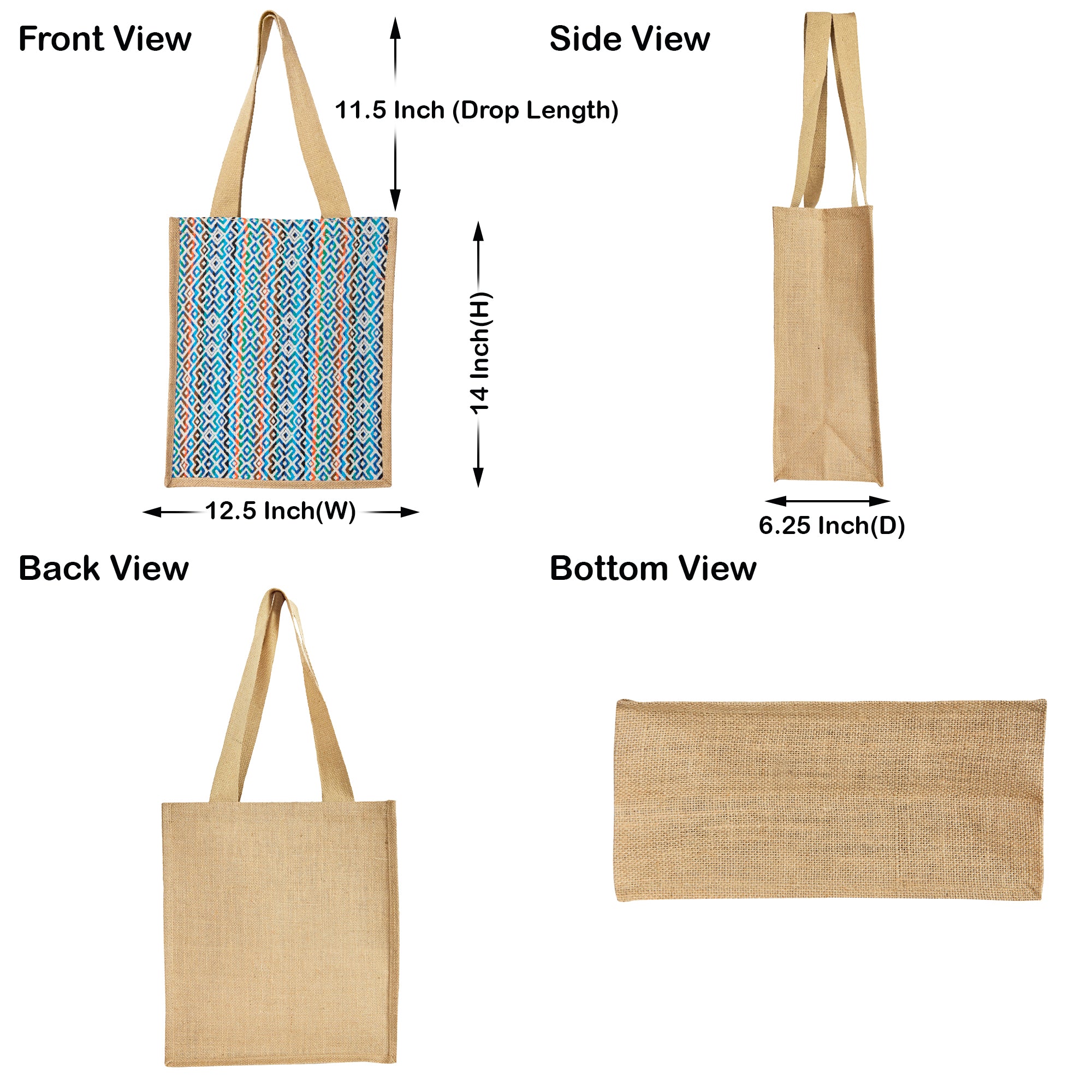 Jucobee Premium Natural Reusable Jute Shopping Tote Bag with Stylish Jacquard Fabric. Groceries, Vegetables, Kitchen Essentials & Beach Trips -Pack of 5