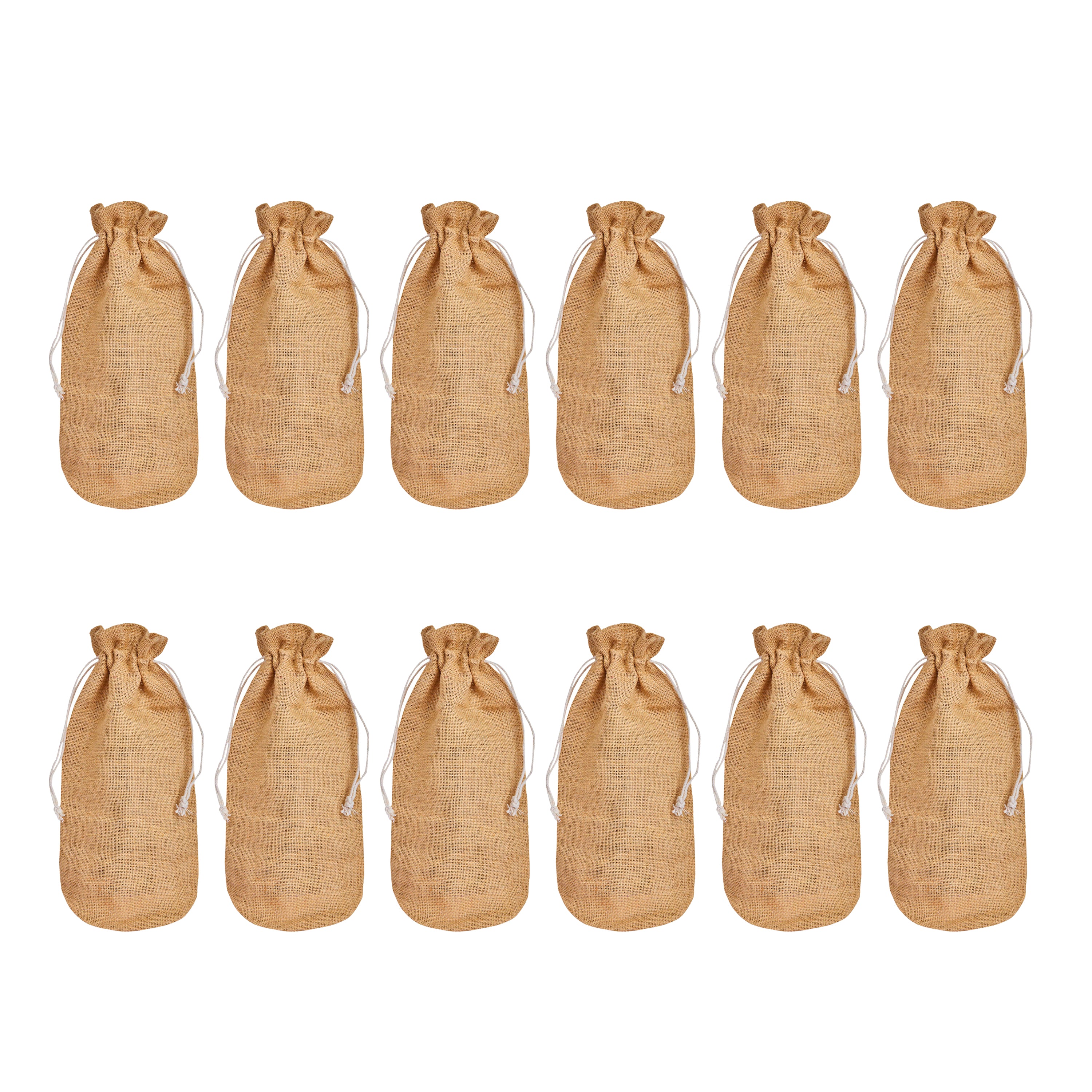 Beige Jute Wine Bottle Bags – Burlap Gift Covers with Drawstrings, New Year, Weddings, Birthdays, and Special Occasions (Packs of 12)