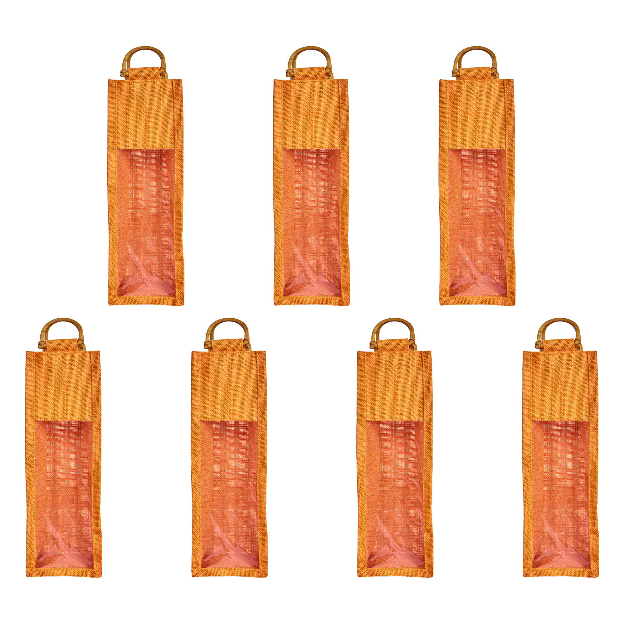 Coloured Jute Wine Gift Bags with PVC Window– Reusable Single Bottle Carriers for Weddings, Parties & Holiday Gifting (Packs of 7)